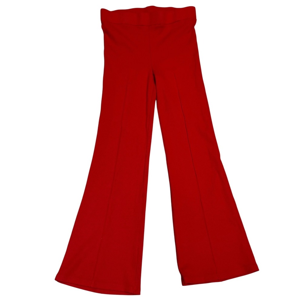 DONNI Red Ribbed Flare Ankle Pants Women's M High Rise Pull On USA Made - Picture 2 of 12